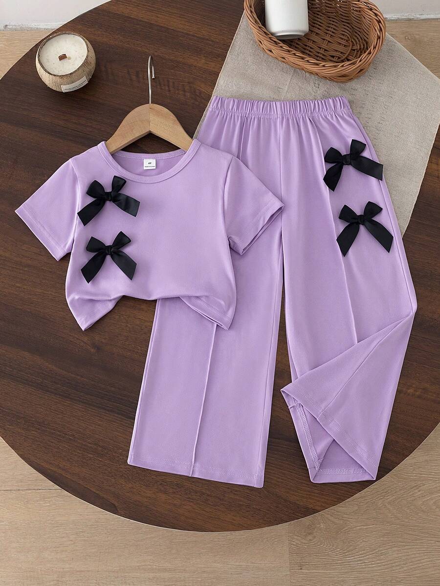 SHEIN Genkimix Kids 女童两件套:灰色短袖T恤+黑色蝴蝶结装饰阔腿裤,休闲运动风,适合夏季穿着 - 紫色 - 查看 1
