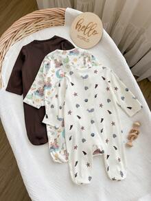 SHEIN Bộ 3 món áo liền quần dài tay dệt kim họa tiết hoa nhí dễ thương cho bé gái sơ sinh - Màu Khaki - Xem 2