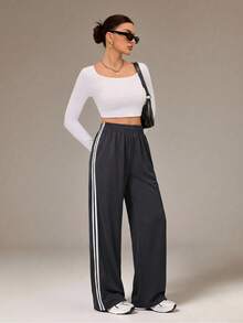 SHEIN Tall Pantalones casuales grises con rayas laterales, moda sencilla para uso diario, para mujeres altas - Gris Oscuro - Ver 6