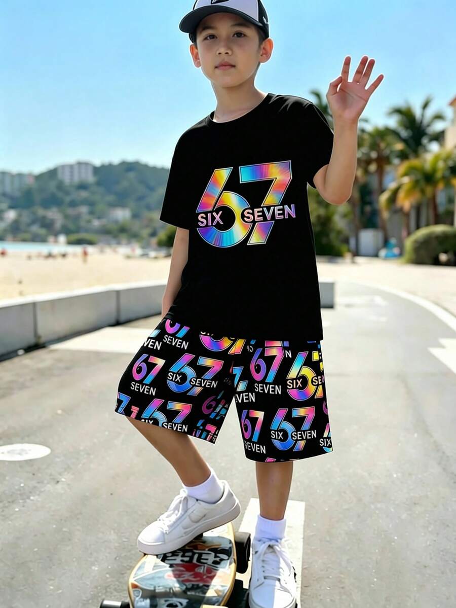 男童彩色67图案短袖T恤短裤套装,春夏休闲舒适装,适合户外活动、野餐、街头摄影、度假、节日、送礼及日常穿着。 - 彩色 - 查看 1