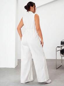 SHEIN EZwear 大码女式纽扣前开襟休闲口袋无袖阔腿牛仔连体裤 - 白色 - 查看 2