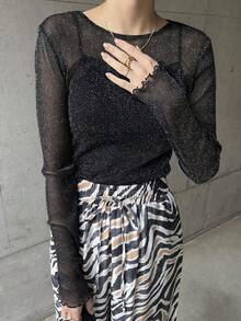 FRIFUL Women's Round Neck Long Sleeve Shiny Mesh Fitted Blouse Sheer,Fall Women Clothes - Black - View 5