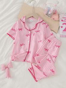 Girls' Apricot Bowknot Bubble Print Short Sleeve Pajama Set - Multicolor - View 7