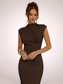 SHEIN BAE Apricot Asymmetric Ruched Bodycon Dress, Elegant Basic Minimalist Long Dress, Spring/Summer,Summer Dresses For Women - Coffee Brown - View 5