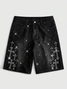 ROMWE MEN Street Life 男士水洗宽松直筒水钻装饰牛仔短裤 - 黑色 - 查看 1