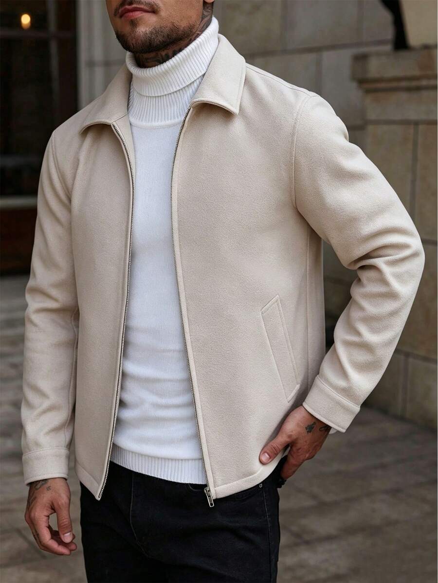 Manfinity Homme Áo khoác nam dài tay, màu trơn, có khóa kéo, kiểu dáng thường ngày, thích hợp cho mùa thu/đông. - Màu be - Xem 1