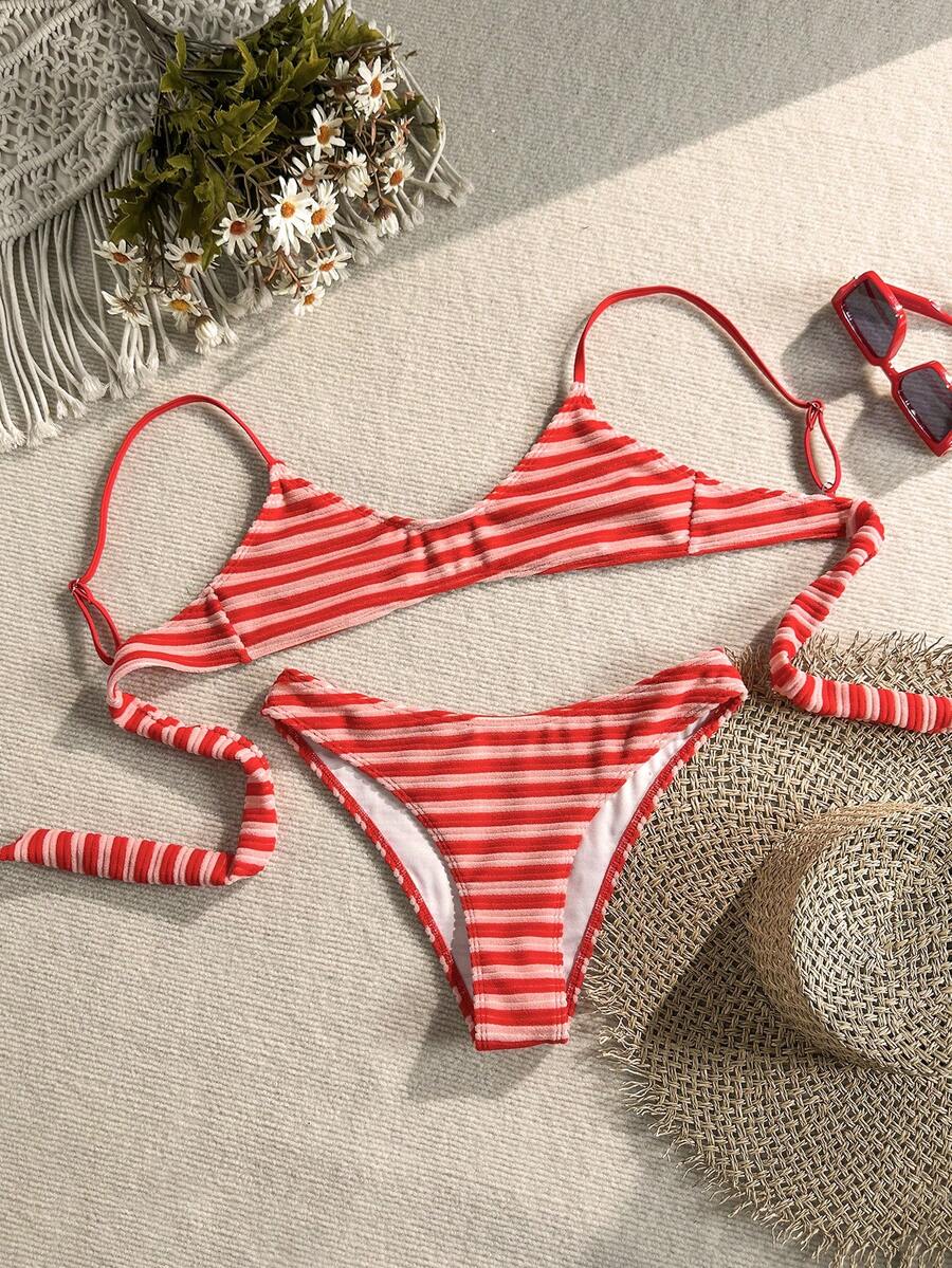 Swim Mod Women's 2 Pieces Red Striped Textured Fabric Spaghetti Strap Tankini Top And Bikini Bottoms, Suitable For Beach Pool Party, Summer, Vacation, Casual - Red - View 1