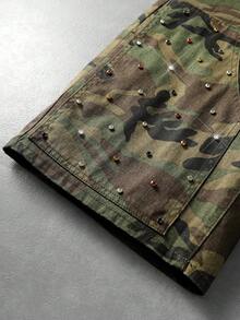 ROMWE MEN Washed Loose Casual Beaded Camo Shorts For Men - Army Green - View 4