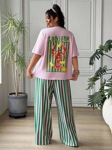 SHEIN EZwear 大码女式圆领龙虾印花短袖上衣和条纹裤休闲两件套 - 彩色 - 查看 2