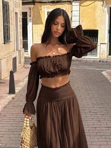 Opulessa Women's Solid Color Woven Off-Shoulder Top & Skirt 2-Piece Set, Spring/Summer,Summer Outfits For Women - Brown - View 2