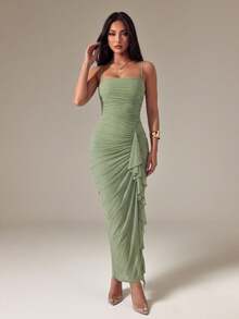 SHEIN PETITE Vestido camisola elegante de unicolor con volantes en el bajo, verano, vestidos para mujeres de verano, mujeres de talla pequeña - Verde - Ver 3