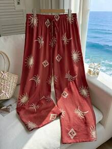 Comfortcana Summer Solid Color Textured Crinkle Fabric Loose Drawstring Tie Waist Casual Vacation Wide Leg Pants, Plus Size - Red - View 3