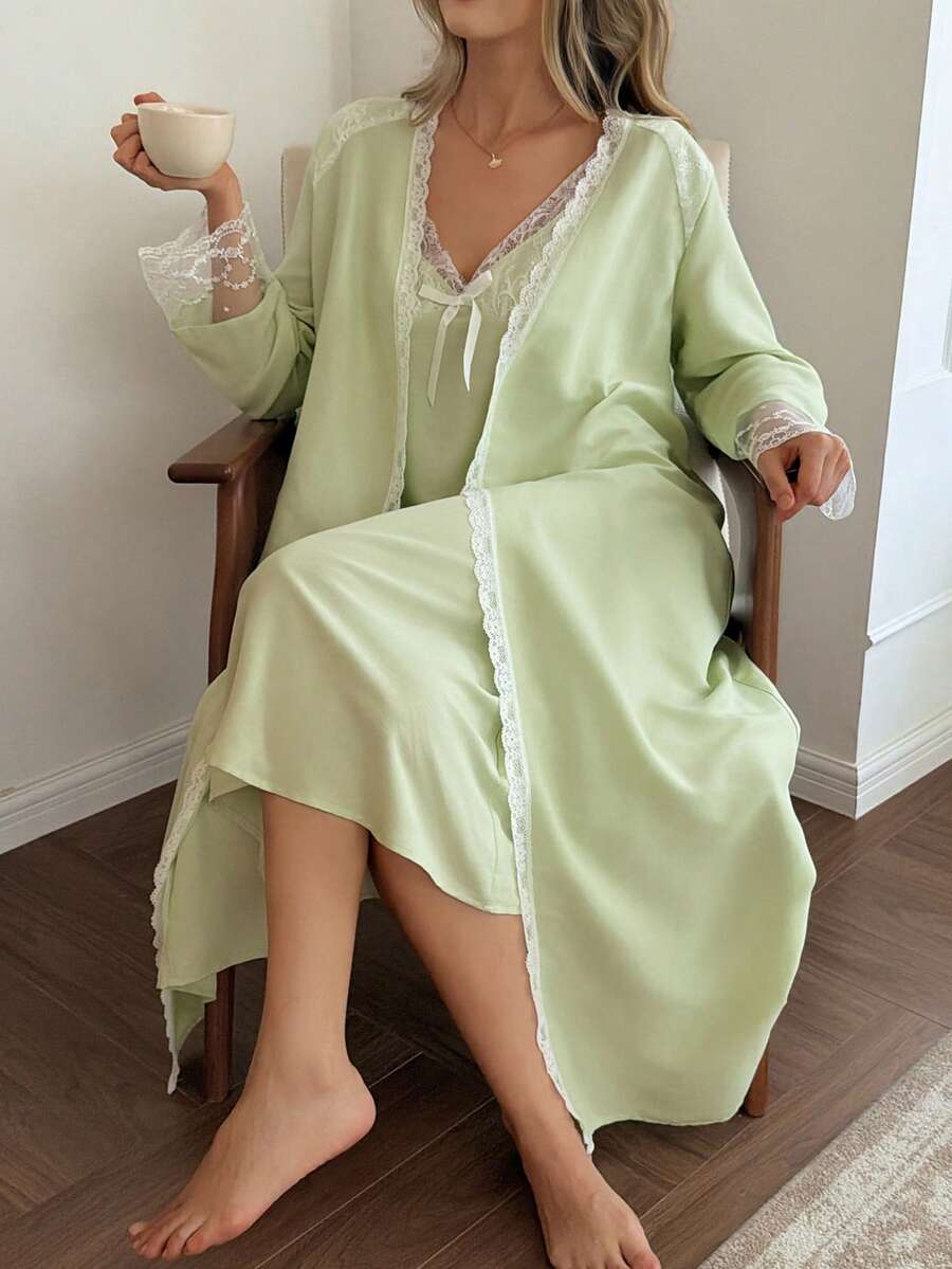 Livesso Bộ đồ ngủ nữ màu trơn phối ren phong cách tối giản thường ngày - màu xanh lá - Xem 1