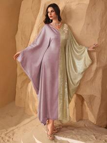 Al Najma Middle Eastern Style Elegant Batwing Sleeve Patchwork Jacquard Dubai Turkey Abaya Dress, Slimming - Baby Pink - View 6