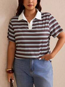 Elaquor Plus Size Summer Casual Chocolate Brown Polo Collar Short Sleeve T-Shirt Formal Teacher - Multicolor - View 7