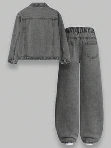 SHEIN 少女牛仔两件套，2025秋冬新款，欧美时尚水洗牛仔套装，饰有铆钉珍珠，时尚牛仔外套+宽松直筒牛仔裤，适合日常穿着、上学、通勤、派对、万圣节等场合，舒适的中腰设计。 - 灰色 - 查看 2