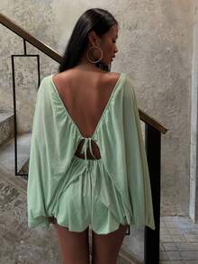 SHEIN BAE 女款淺綠色夏季性感時尚度假透視V領露背燈籠袖連身褲，優雅純色泡泡連身褲，適合海灘派對與約會 - 綠色 - 查看 3
