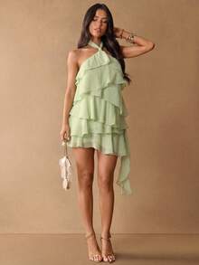 SHEIN BAE Đầm ngắn màu xanh lá cây bằng vải chiffon, vạt bất đối xứng, hở lưng, viền bèo nhún, thích hợp cho kỳ nghỉ biển, du lịch thường ngày, mặc hàng ngày hoặc đi nghỉ mát. - màu xanh lá - Xem 5