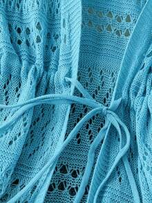 DreamSkyne Cardigan Rajut Jaring Bertali Serut dan Pita untuk Wanita Ukuran Besar, Warna Polos, Gaya Pantai, Resor, Romantis, Pakaian Barat - Teal Blue - View 4