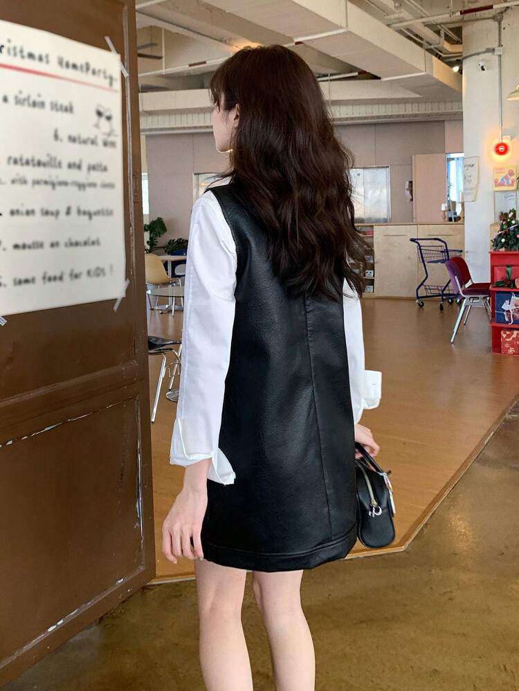 Women's PU Round Neck Sleeveless Short Dress, Korean Style