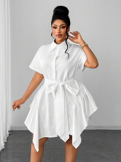 Maweii Vestido casual holgado y favorecedor de talla grande con cintura ceñida, volantes asimétricos en el bajo