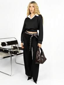PRISCILA ESCOTO PRISCILA ESCOTO Quần ống loe rộng màu đen thường ngày cho nữ 2025 có thắt lưng sọc - màu đen - Xem 1