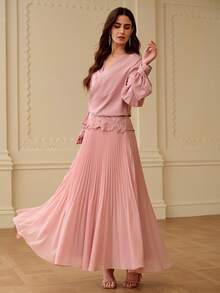 ZEYLAH Vestido elegante de manga larga con cuello en V y bordado de unicolor para mujer - Rosa Pálido - Ver 4