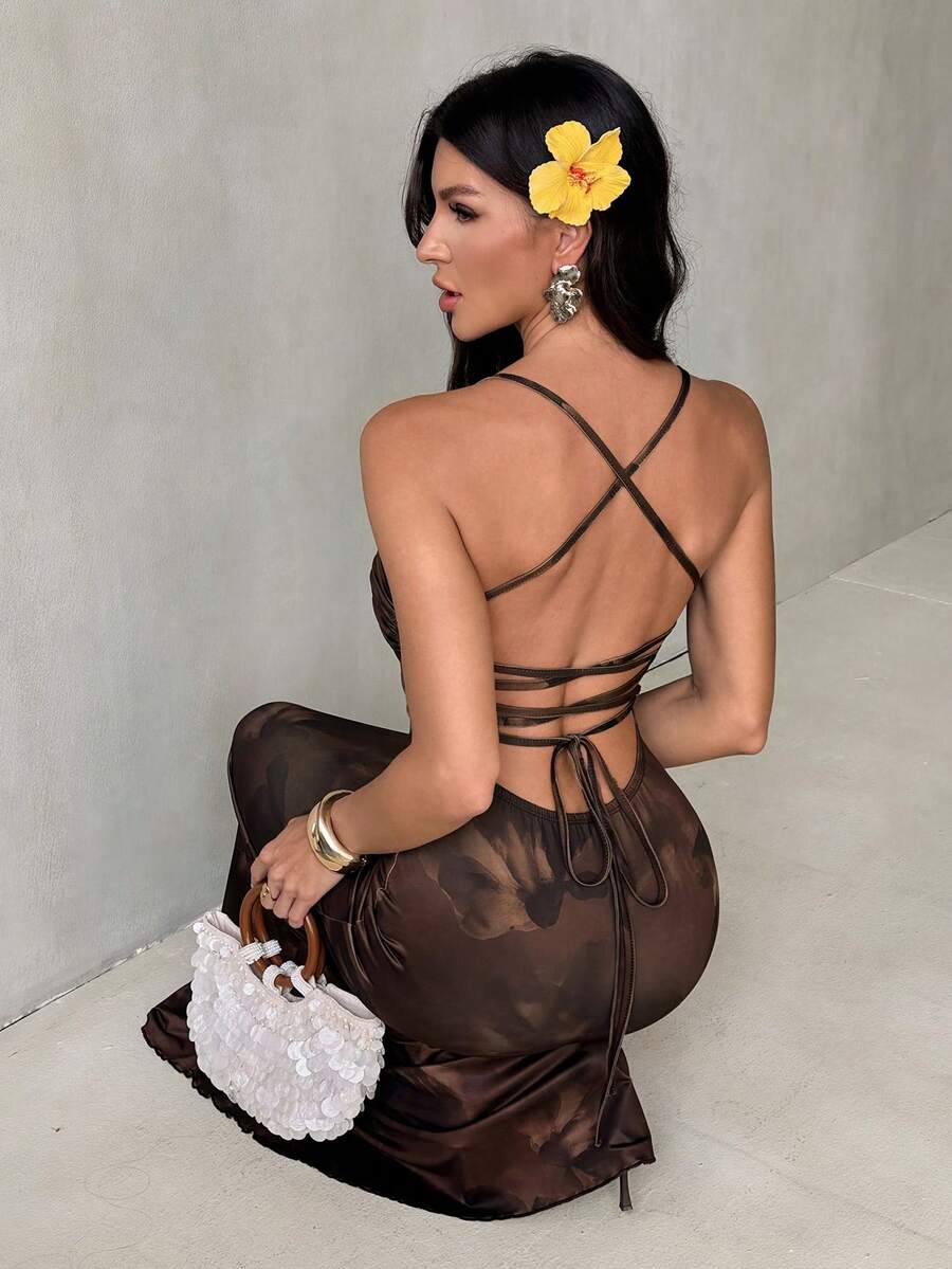 SHEIN Tall Elegant Sexy Dark Brown Floral Summer Holiday Vacation Maxi Dress, Women's Backless Tie-Neck Retro Watercolor Print Dress For Party Night Out, Beach - Rust Brown - View 1