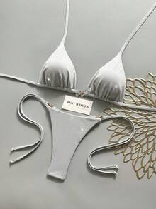 Swim Vcay Women's Solid Color Shiny Fabric Spaghetti Strap Metal Decor Beach Vacation Bikini Set - Silver - View 3