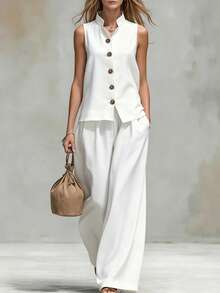 SHEIN Holidaya Women's White Top And White Pants 2 Pieces Set, Casual Elegant Minimalist Summer, Autumn And Winter Outfit Vacation - White - View 2