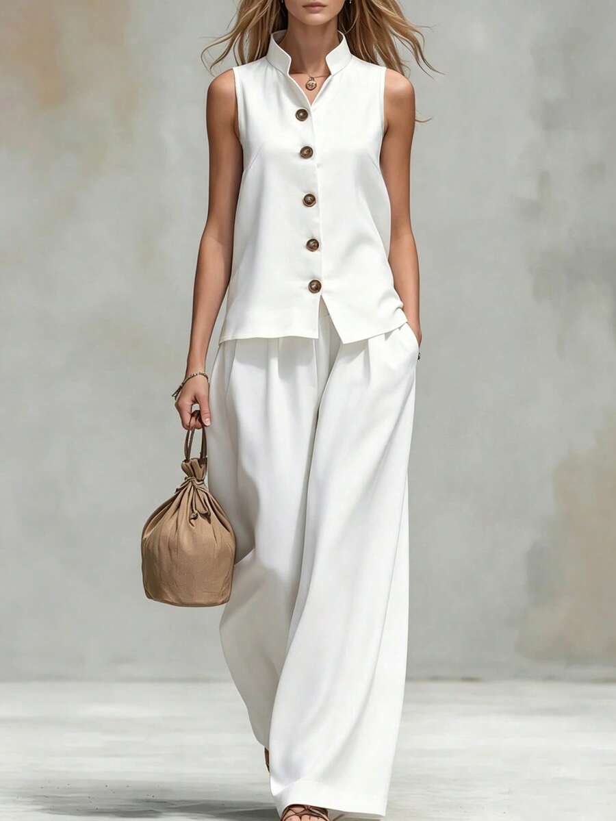 SHEIN Holidaya Women's White Top And White Pants 2 Pieces Set, Casual Elegant Minimalist Summer, Autumn And Winter Outfit Vacation