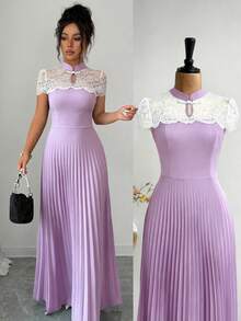 SHEIN Clasi Stand Collar Lace Fabric Splicing Contrasting Color Waist Cinching Elegant Casual Women's Pleated Dress Wedding Dinner White Summer - Multicolor - View 4