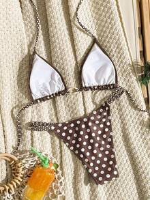 Swim Mod Women's Summer Beach Party Holiday Black And White Polka Dot Polka Dot Print Tropical Bikini Set Holiday Sexy - Multicolor - View 2