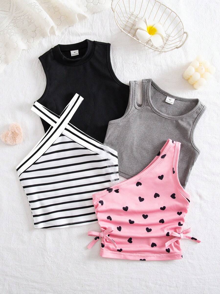 SHEIN 4pcs Young Girl Knitted Solid Striped Heart Pattern Irregular Pleated Casual Vest Set - Multicolor - View 1