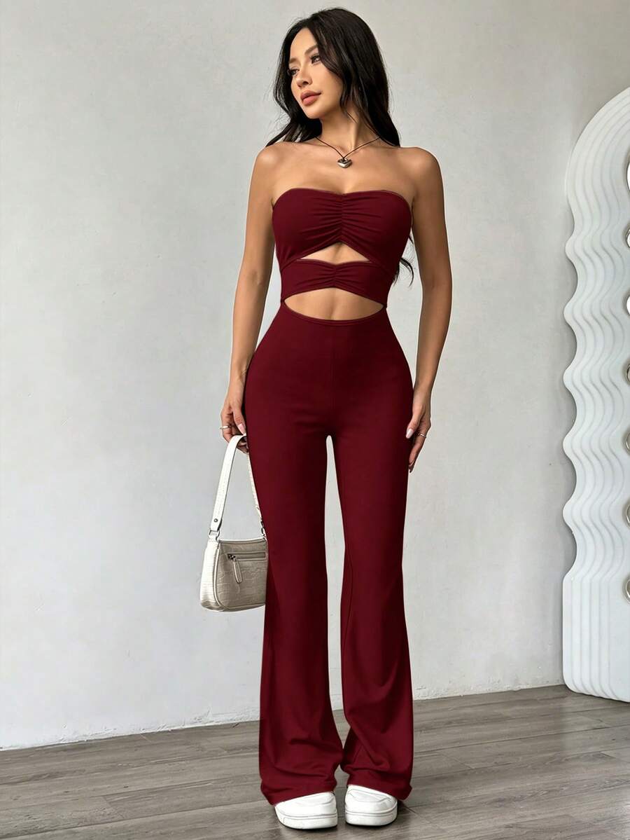 SHEIN Unity Women's Solid Color Ruched Hollow Casual Jumpsuit - Burgundy - View 1