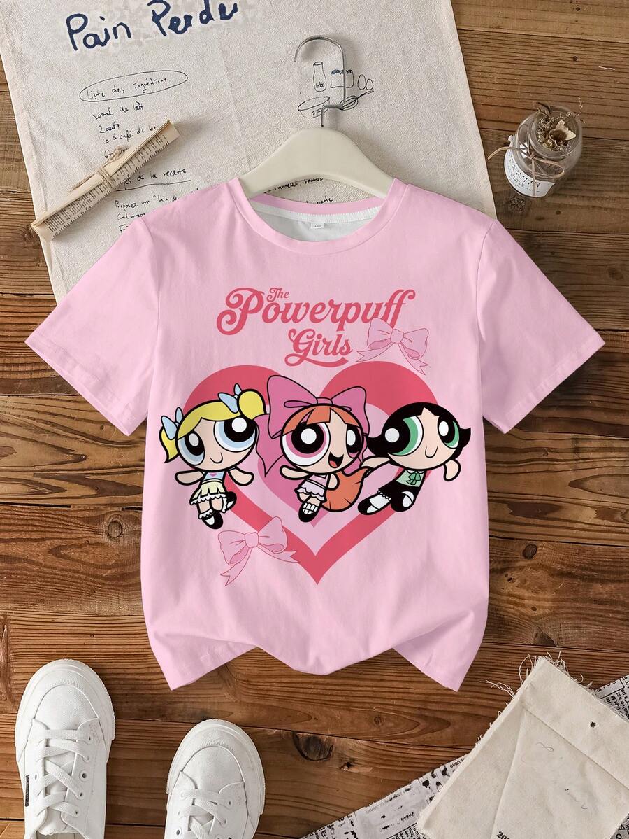 THE POWERPUFF GIRLS X SHEIN 少女休闲圆领卡通字母印花短袖T恤,日常百搭 - 白色 - 查看 1