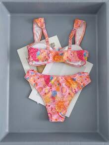 Swim Mod 女款夏季桃橘色豹紋波點印花寬肩帶U領連身泳衣，高腰顯瘦比基尼套裝，性感海灘度假泳裝 - 粉色 - 查看 2