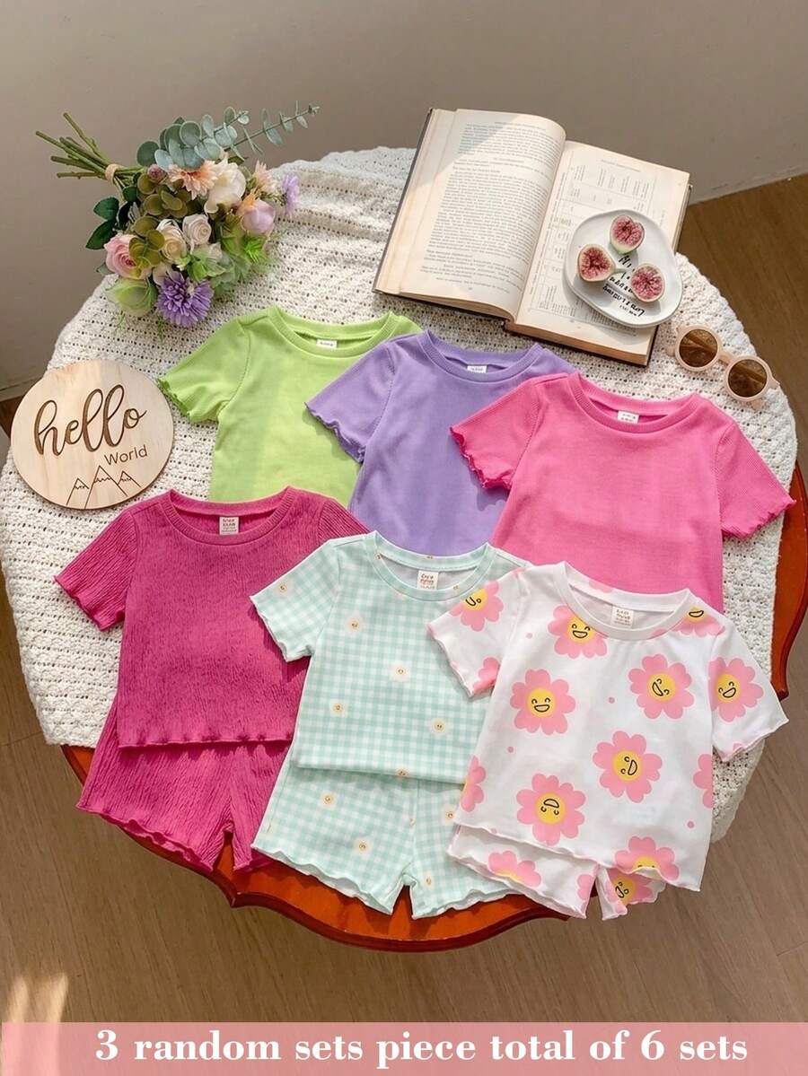 Cozy Pixies 3件組女嬰女童夏季柔軟針織印花T恤套裝,休閒日常時尚百搭穿搭,適合夏季度假、露營、姐妹與親子拍照 - 彩色 - 查看 1