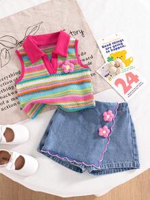 SHEIN Playful Pals 女婴贴花撞色条纹图案夏季背心和牛仔短裙，荷叶边刺绣樱桃图案复古可爱沙滩度假套装 - 彩色 - 查看 5