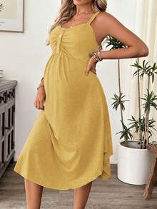 Cheriluna Maternity Maternity Solid Color Ruched Button Design Nursing Camisole Dress - Yellow - View 5