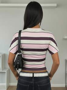 SHEIN Áo thun nữ tuổi teen màu trắng dệt kim, eo nhún, cổ tròn, tay ngắn, dáng croptop, kiểu dáng thường ngày. - Nhiều màu - Xem 2