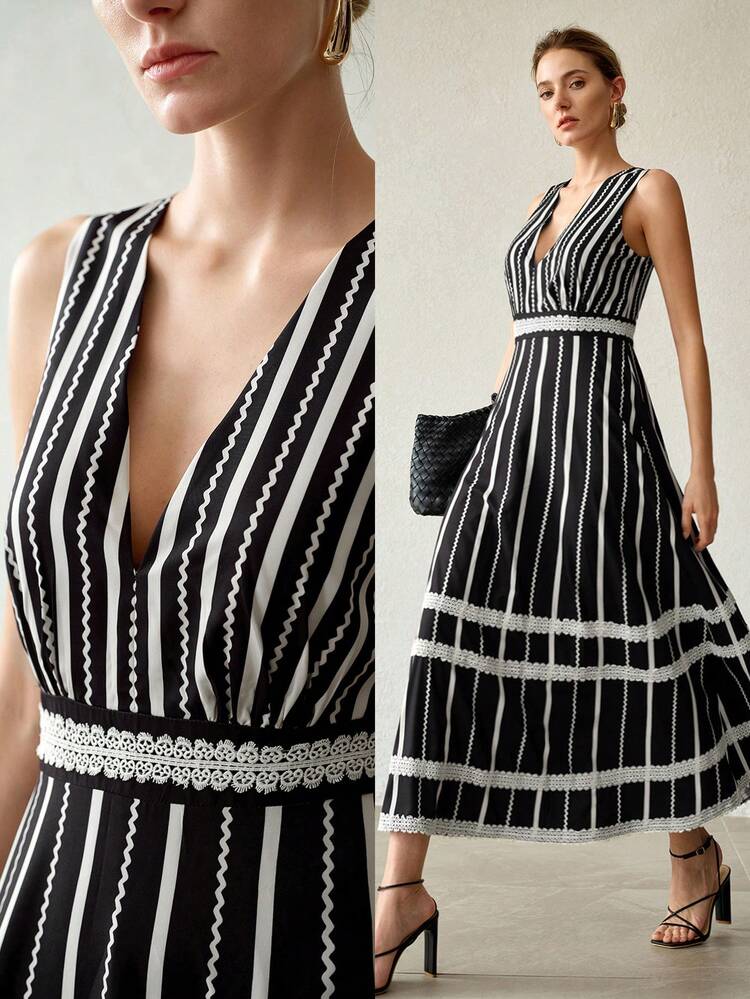 WOMEN'S ELEGANT V-NECK STRIPED PRINT DRESS