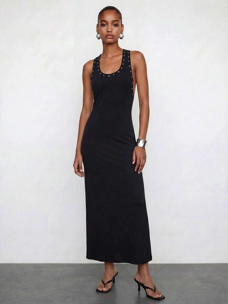 SHEIN Maija Women's Summer Fashion Metal Eyelet Round Neck Crisscross Back Midi Dress,Going Out Ouutfits,Summer Holiday Outfits