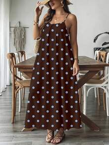 SHEIN VCAY Đầm maxi dáng rộng hai dây màu nâu và xanh nhạt chấm bi, kiểu dáng thường ngày, thích hợp cho kỳ nghỉ của nữ - Đầm slip đi biển không tay có túi. - màu nâu - Xem 5