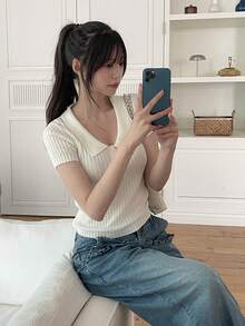DAZY 女款純色休閒韓風針織領口上衣 - 白色 - 查看 7