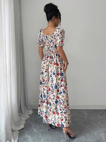Rafferiza Women's Elegant Floral Print Square Neck Dress, Ruffle Trim, Ruffle Sleeves, Suitable For Spring, Summer, Autumn Short Dress - Multicolor - View 2