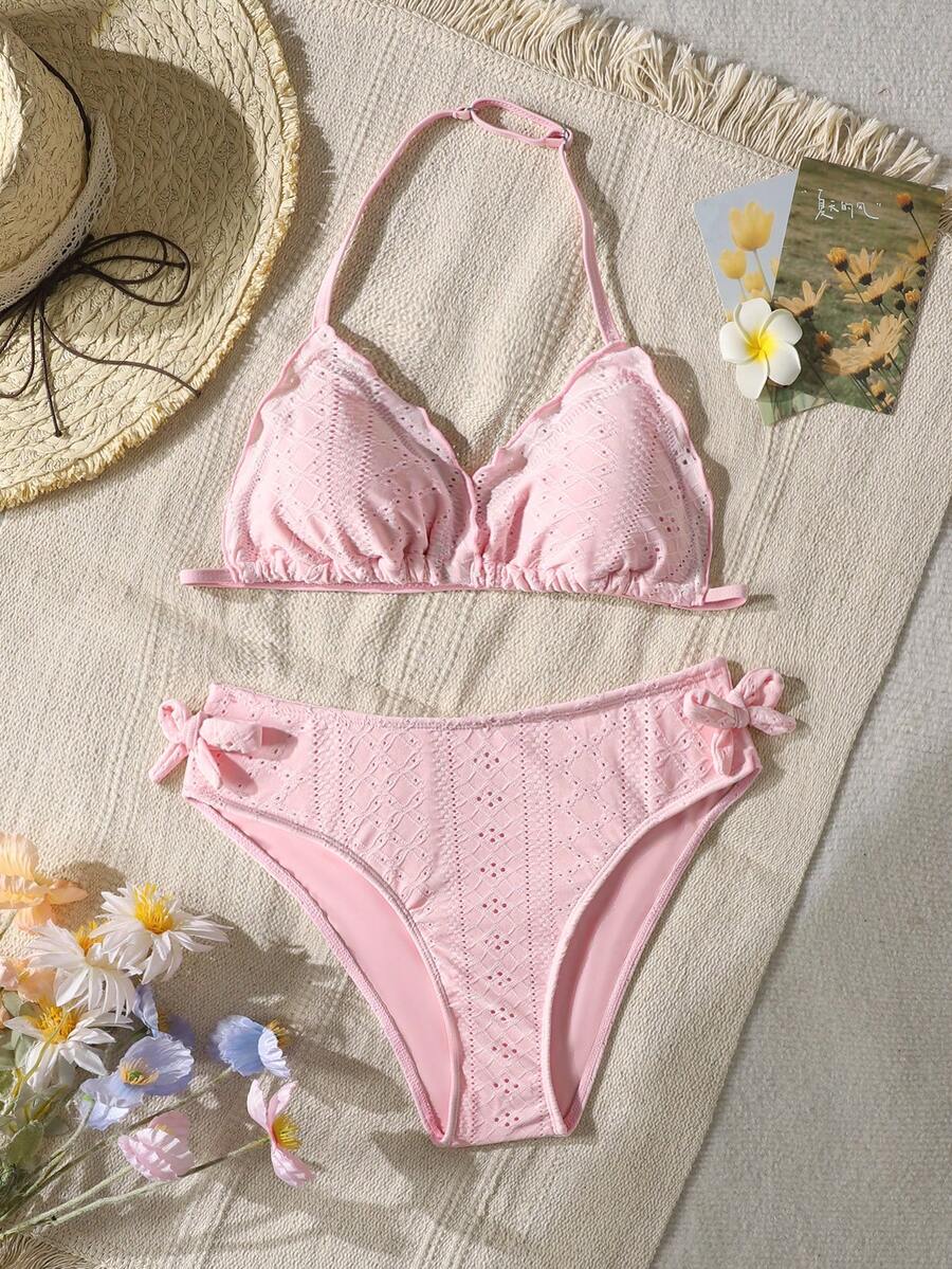 SHEIN Teen Girl 2026 Spring/Summer New Tropical Vacation Solid Pink Textured Halter Ruffled Bow Swimwear, Versatile - Pink - View 1