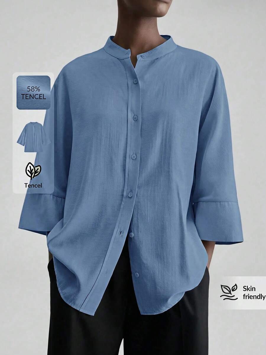 Ontre Đầm hè dáng rộng tay lửng 7/8, chất liệu vải Tencel mềm mại, thoải mái và thân thiện với da, mẫu 2026SS, thích hợp cho ngày lễ Thánh John, kỳ nghỉ, dự đám cưới, phong cách Pháp tối giản lãng mạn, thời trang công sở hiện đại, trang phục cao cấp cho sân bay và du thuyền. - Màu xanh lam - Xem 1