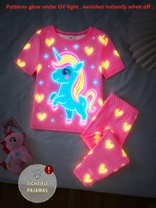 Baby Girls Neon Unicorn & Heart Print Crew Neck Bodysuit & Pants Pajama Set - Multicolor - View 6
