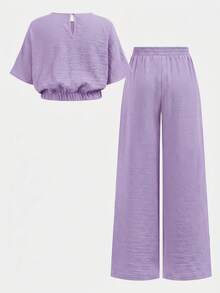 Firerie Kids Setelan 2 Potong untuk Liburan Kasual dan Modis Anak Perempuan Remaja: Atasan Lengan Pendek Longgar Leher Bulat Warna Polos + Celana Panjang - Mauve Purple - View 2